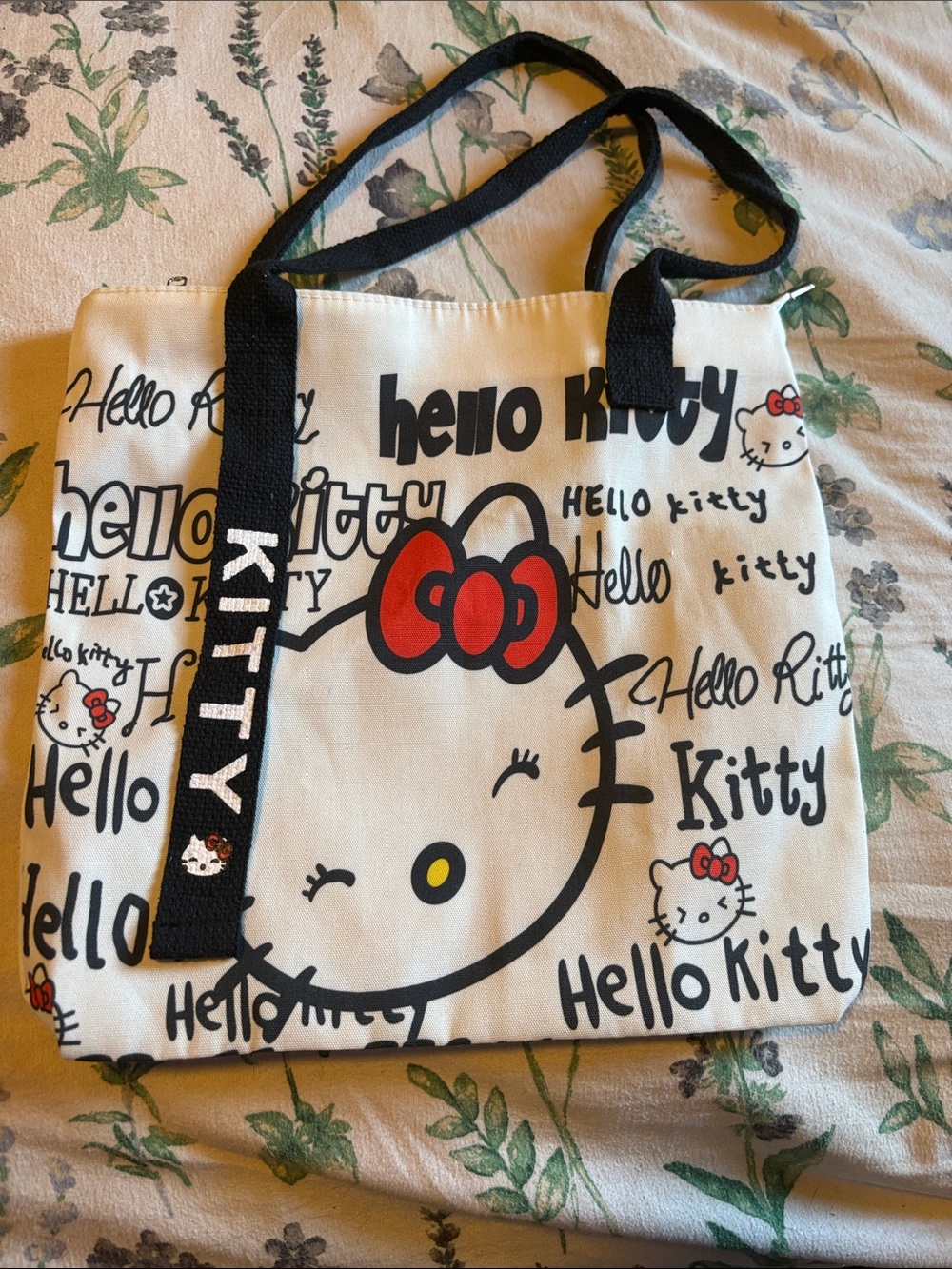Hello Kitty White Canvas Tote with Black Straps and Red Bow